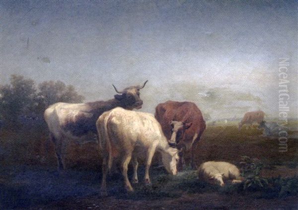 Vaches Et Mouton Oil Painting by Valere Verheust