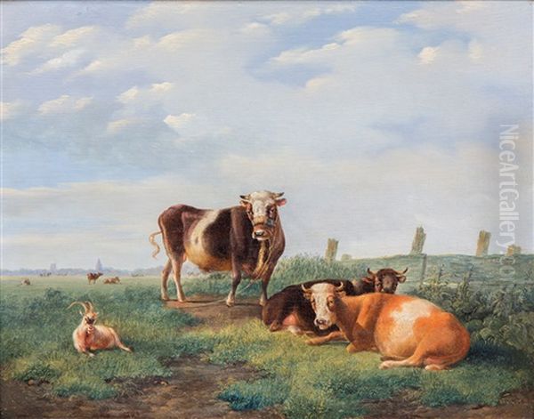 Cows And A Goat In A Meadow Oil Painting by Albertus Verhoesen