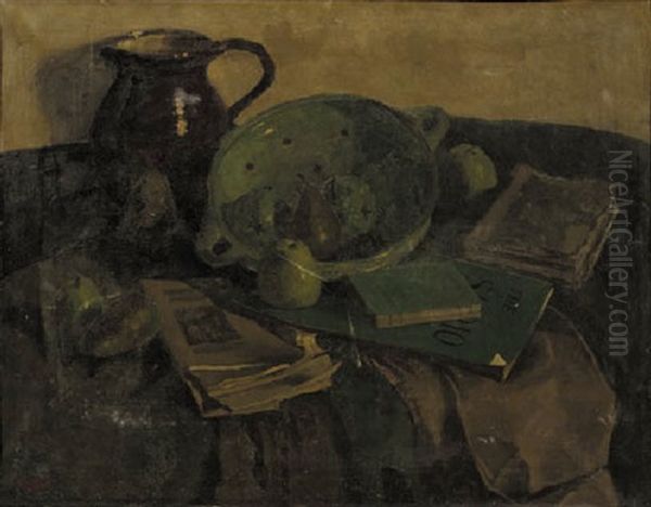 A Still Life With A Jar, Fruit And Books Oil Painting by Lucas Verkoren