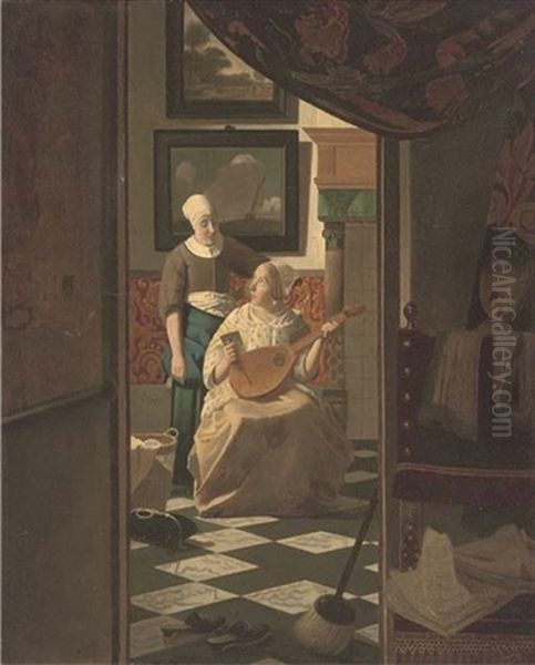 An Elegant Lady Seated In An Interior Receiving A Letter Oil Painting by Jan Vermeer van Haarlem the Younger