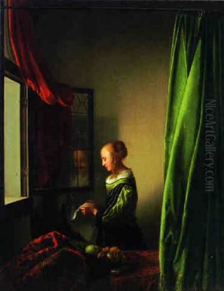 A Woman Reading A Letter At A Window Oil Painting by Johannes Vermeer