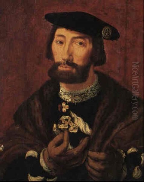 Portrait Of A Gentleman Holding A Violet And Ribbon Oil Painting by Jan Cornelisz Vermeyen