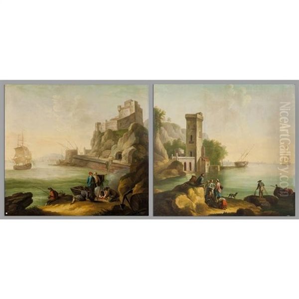 Porti Con Personaggi E Vascelli (2) Oil Painting by Vernet Claude Joseph