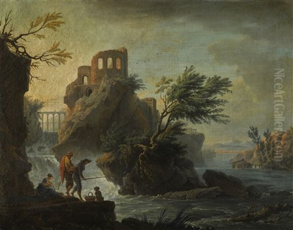 Le Matin' (or 'la Peche A La Ligne') Oil Painting by Vernet Claude Joseph