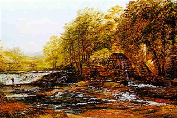 Fishing Below The Waterfall Oil Painting by William Henry Vernon