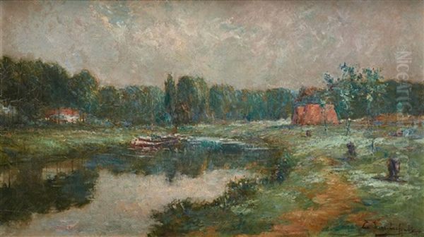 Peniches Au Bord Du Canal Oil Painting by Edouard Verschaffelt