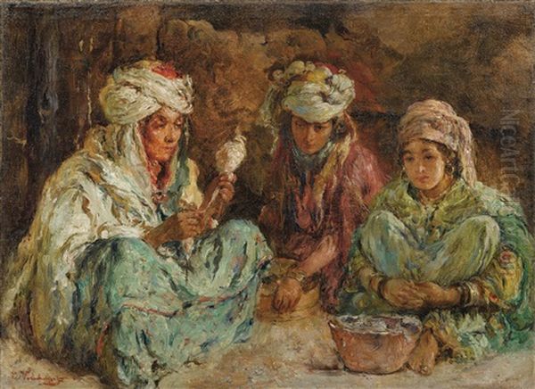 Women Preparing Supper In An Interior In Algeria Oil Painting by Edouard Verschaffelt