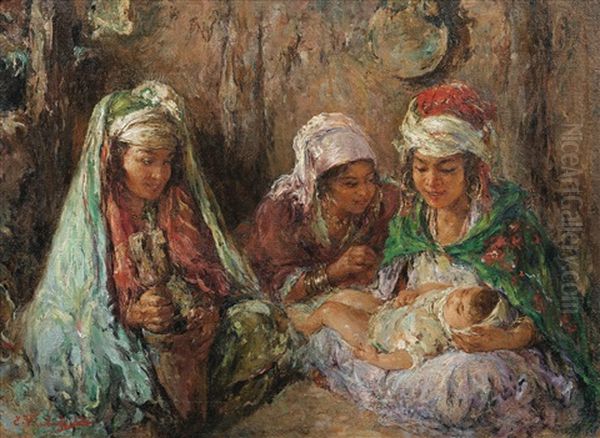 Young Women With A Baby In An Interior In Algeria Oil Painting by Edouard Verschaffelt