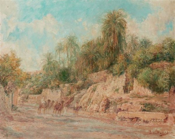 Caravane Aux Pieds Des Rochers Caravan Near The Rocks Oil Painting by Edouard Verschaffelt