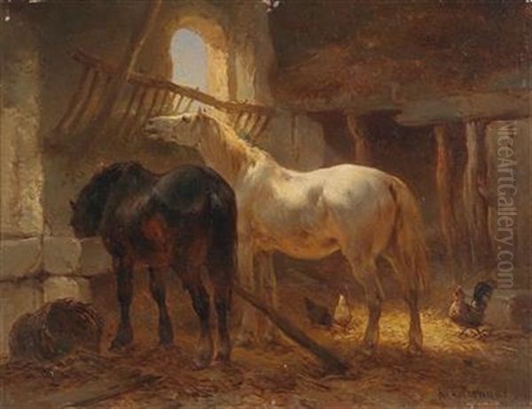 Two Horses And Chickens In A Stable Oil Painting by Wouter Verschuur the Elder