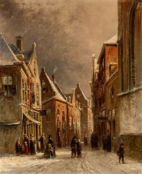 Activity In A Street In Wintertime Oil Painting by Pieter Gerardus Vertin