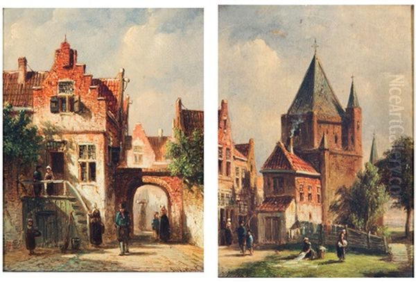 A Bleach Field In A Dutch Town; 
A Sunny Day In Town (2 Works) Oil Painting by Pieter Gerardus Vertin