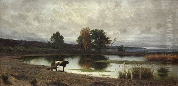 Bull In Roman Countryside Oil Painting by Achille Vertunni