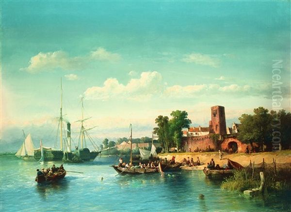 Paddle Steamer And A Ferry On The Merwede Near Woudrichem Oil Painting by Salomon Leonardus Verveer