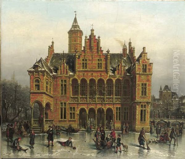 Winterscene With Skaters In Front Of A Grand Hall Oil Painting by Victor Vervloet