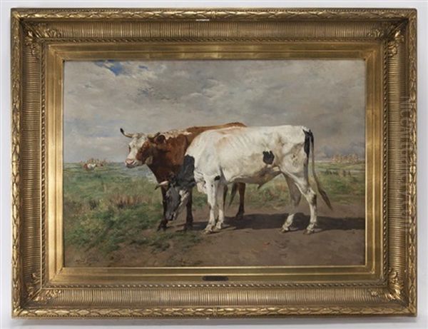 Untitled (brown And White Cows) Oil Painting by Alfred Jacques Verwee