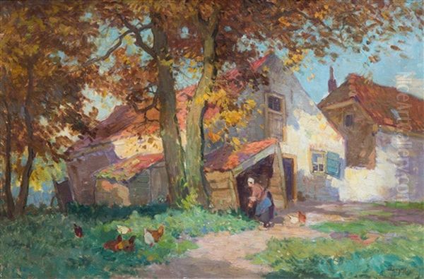 Feeding The Chickens Oil Painting by Bernardus Petrus (Ben) Viegers