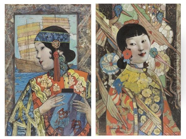 Two Works Of Asian Ladies In 1940s Shanghai-style Dress Oil Painting by Hernando Gonzallo Villa