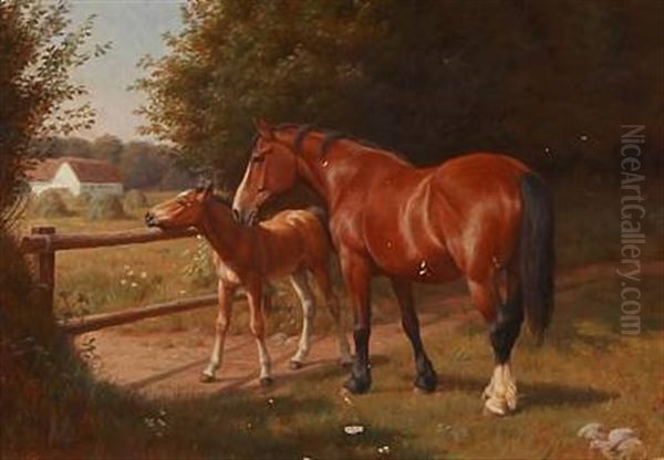 A Mare With Her Foal In The Sun Oil Painting by Ejnar Vindfeldt