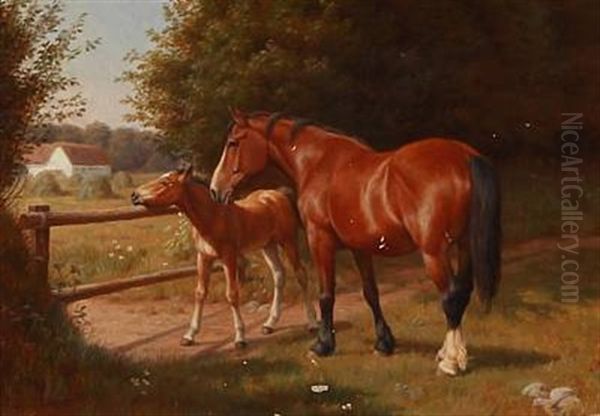 A Mare With Her Foal In The Sun Oil Painting by Ejnar Vindfeldt