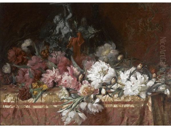 Cabbage Roses On A Table Oil Painting by Emile Vloors