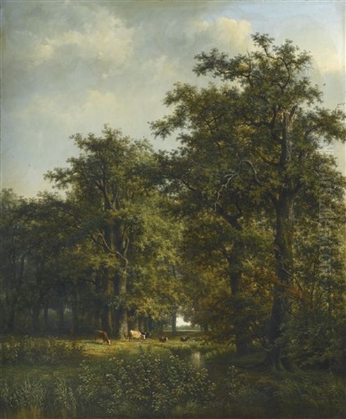 Bosky Landscape With Cattle Grazing By A Stream Oil Painting by Cornelis Jan de Vogel