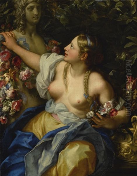 Portrait Of A Young Woman, Three Quarter Length, As Flora Oil Painting by Karel van Vogelaer