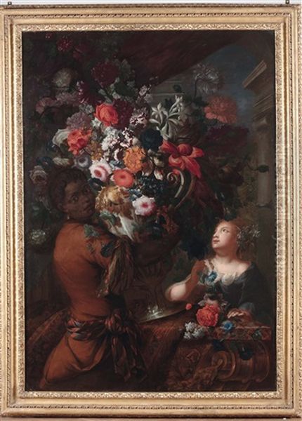 Trofeo Di Fiori In Un Vaso Dargento Sorretto Da Un Servo Moro E Una Fanciulla Oil Painting by Karel van Vogelaer
