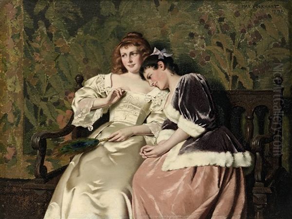 Zwei Junge Damen Auf Einer Bank Sitzend Oil Painting by Max Volkhart
