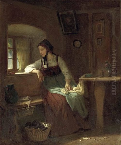 Junge Bauerin Am Stubenfenster Oil Painting by Ludwig Vollmar