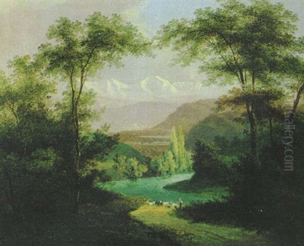 Bewaldete Schweizer Landschaft, Im Hintergrund Gletscher Mit Hirtin Und Einer Ziegenherde Oil Painting by Rudolf Volmar
