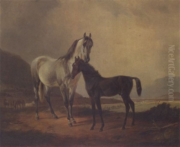 Stute Und Fohlen In Vorgebirgslandschaft Oil Painting by Johann Michael (Volz) Voltz