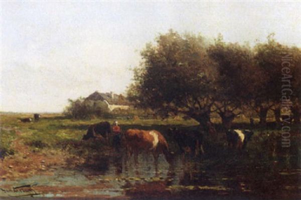 A Figure And Cows In A Polderlandscape Oil Painting by Jan Vrolijk