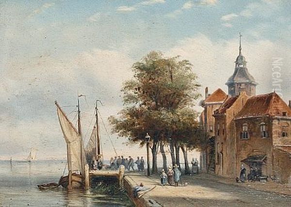 Figures On A Frozen Lake (+ Figures By A Jetty; A Pair) Oil Painting by Adrianus Jacobus Vrolyk