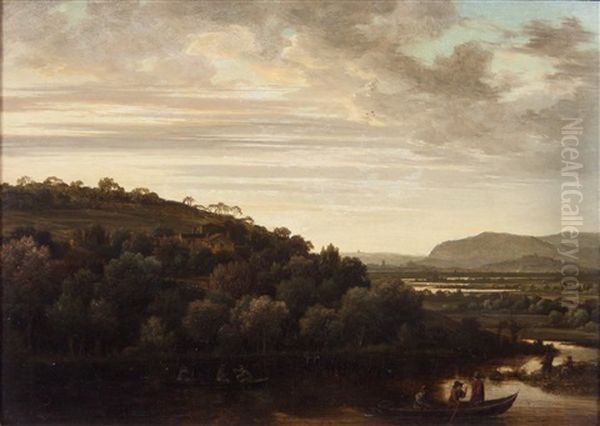 Fisherman In A River Landscape Oil Painting by Cornelis Hendriksz Vroom