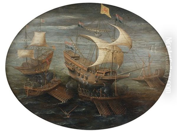 Bataille Navale Entre Un Galion Hollandais Et Un Vaisseau De Guerre Et Trois Galeres Anglaises Oil Painting by Hendrik Cornelisz Vroom