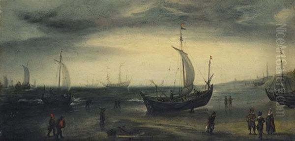 A North Sea Beach Scene, With Fishing Pinks Coming Ashore And Larger Vessels Offshore Oil Painting by Hendrik Cornelisz Vroom