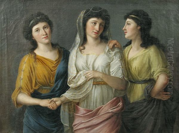 Junge, Festlich Gekleidete Frau, Von Zwei Freundinnen Umgeben Oil Painting by Eberhard Waechter