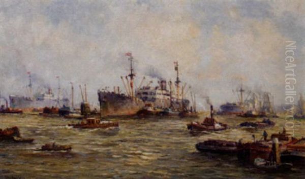Shipping Activities, Rotterdam Harbour Oil Painting by Pieter Johannes A. Wagemans