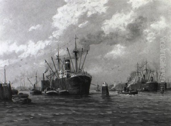 Havengezicht Met Op Stroom Liggende Schepen Met Lichters Oil Painting by Pieter Johannes A. Wagemans