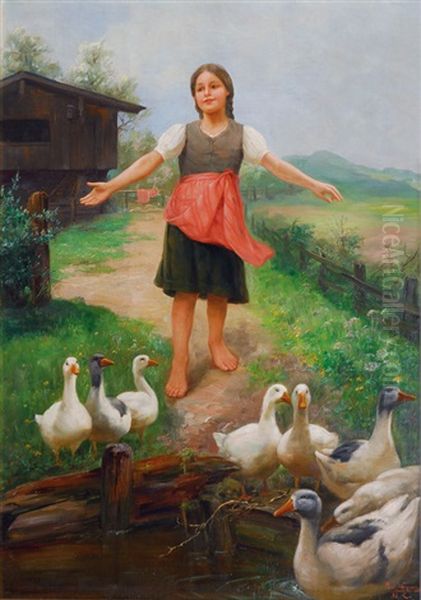 Girl With Geese Oil Painting by Paul Hermann Wagner