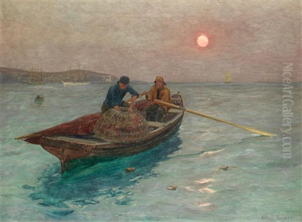 Checking Crab Pots, Falmouth Oil Painting by Lionel Walden