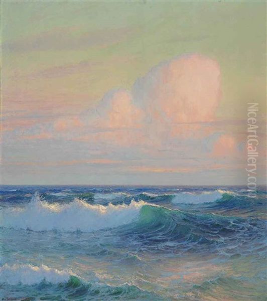 Hawaiian Ocean With Large Clouds In A Sunset Oil Painting by Lionel Walden