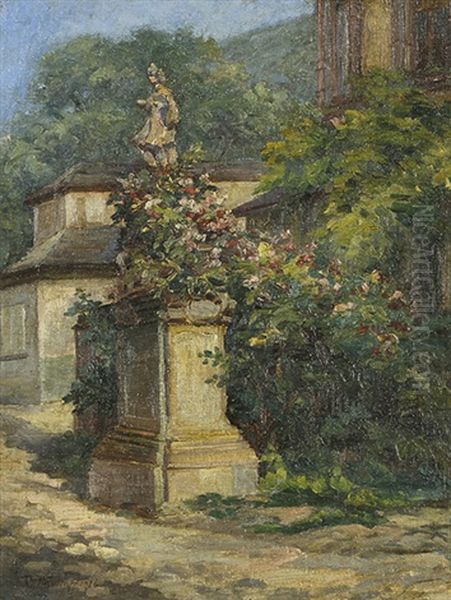 Malerischer Winkel In Heidelberg Mit Statue Auf Postament Oil Painting by Theodor Waldraff
