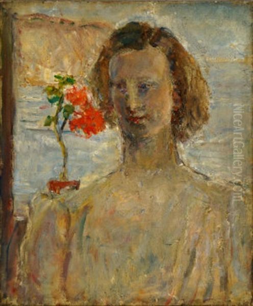 Daisy Contre Jour Red Flower, Cliffs & Sea Oil Painting by Dame Ethel Walker