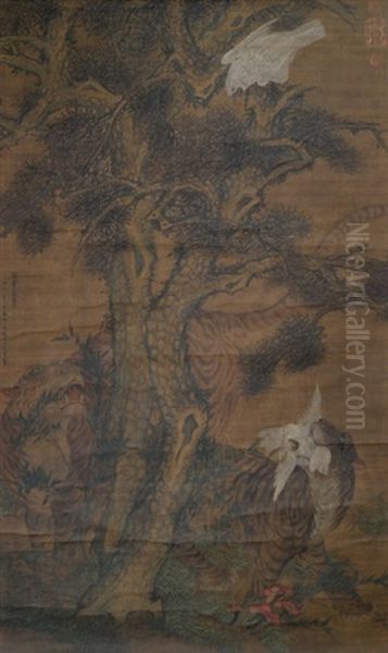 Kiefernpaar Mit Zwei Tigern Und Zwei Adlern Oil Painting by  Wang Fu