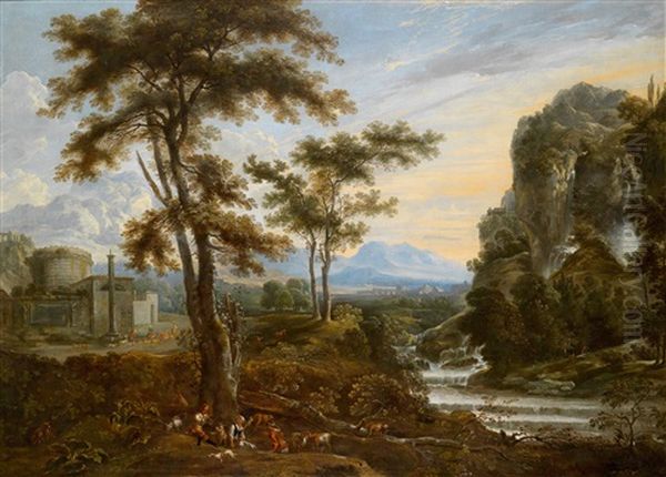 Eine Phantastische Landschaft In Der Umgebung Von Rom Mit Dem Grabmal Der Plautier Im Linken Vordergrund Und Der Ponte Milvio Im Hintergrund Oil Painting by Jan Baptist Wans