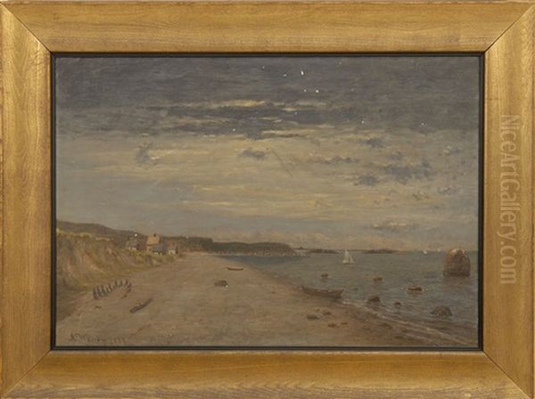 Westport Shore Scene With Cottages, Moored Dories, A Partially Buried Ship's Skeleton, And Distant Vessels Oil Painting by Alonzo Vincent Warren