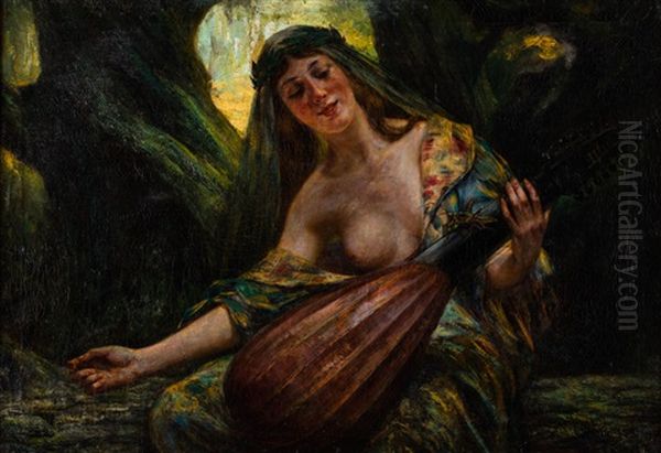Lesna Nimfa Ze Swierszczem I Cytra Oil Painting by Kazimierz Wladyslaw Wasilkowski