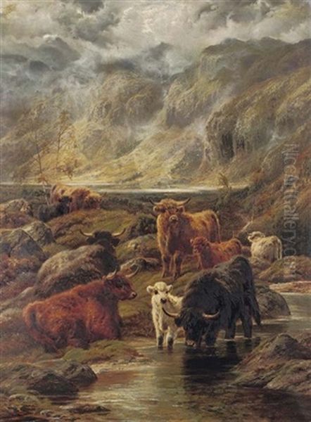 Highland Cattle Watering (+ Sheep By A Loch; 2 Works) Oil Painting by Robert F. Watson